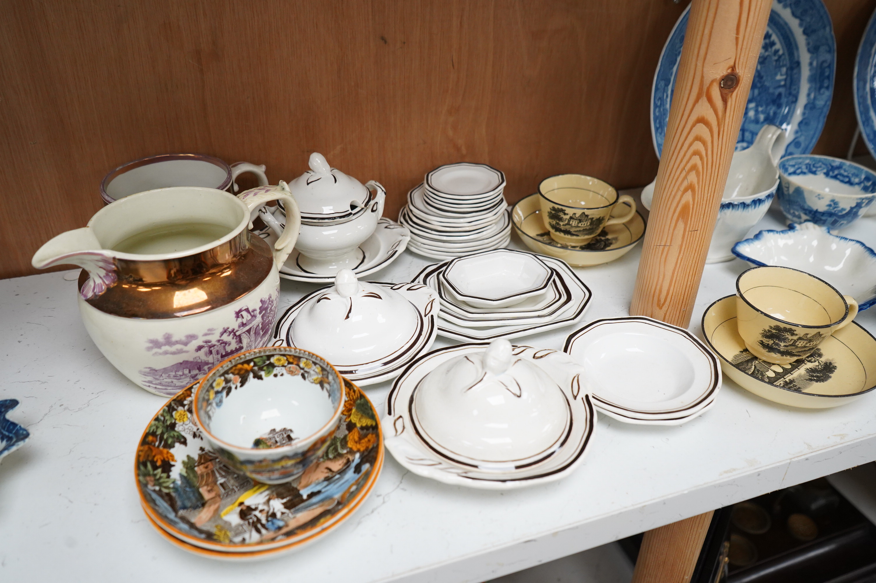 A collection of early 19th century English blue and white pearlware leaf dishes, chestnut baskets, Victorian dolls house dinner service and other pottery